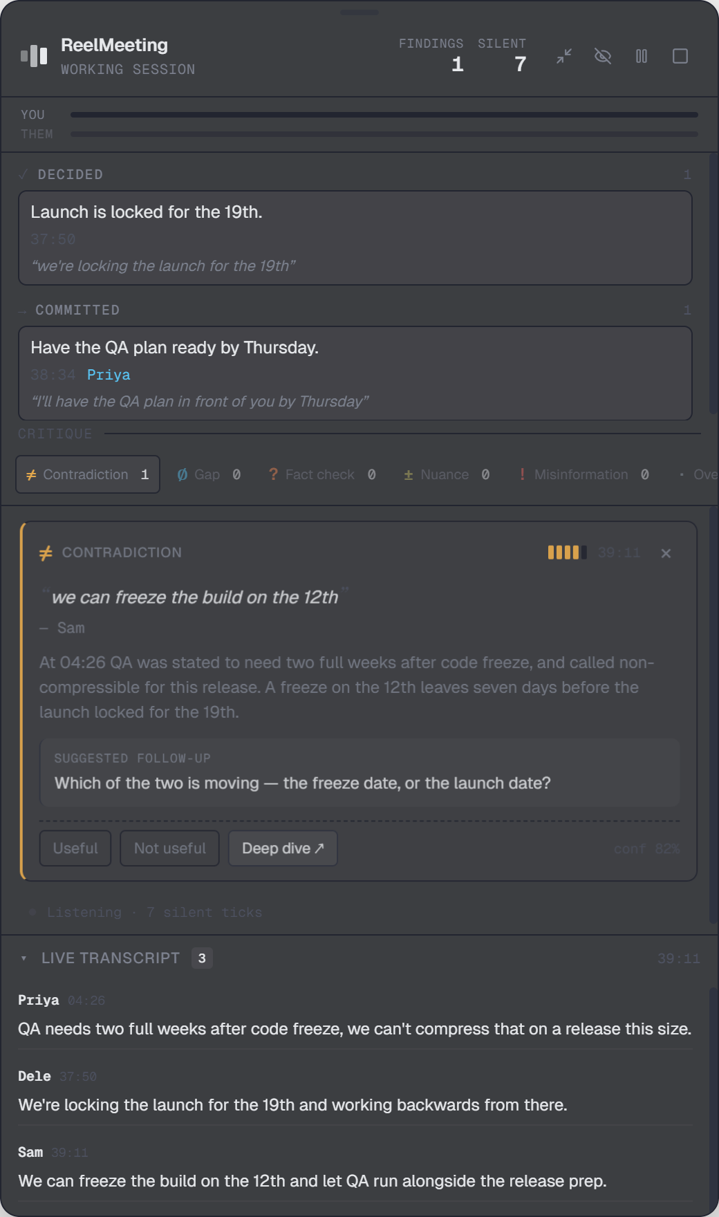 The ReelMeeting overlay in dark appearance: a decision that the launch is locked for the 19th, Priya’s commitment to have the QA plan ready by Thursday, then a separated critique lane holding one contradiction about the freeze date, and the live transcript below.